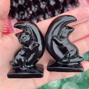 Wholesale Bulk Hot Sell Black Obsidian cat with Moon Caving Animal Caved Crystal Craft for Gift & Decoration